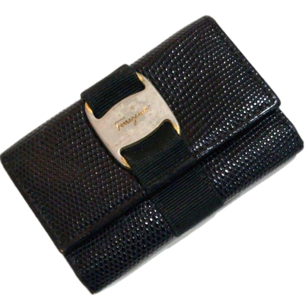 1. Authentic Ferragamo Black Vara Bow Leather 6-Key Wallet Holder Gold Hardware